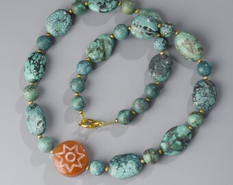 Antique Natural Tibetan Turquoise Bead Necklace, 20.5 in, 85g