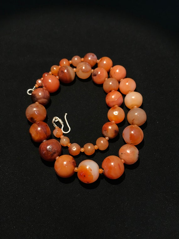 Collier Vintage Perles D'agate Et Cornaline - Longueur 60cm - Occasion Bon état - Pierres Véritables