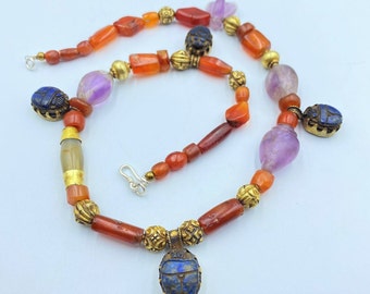 Old Egyptian Lapis Scarab Carnelian Amethyst Gold Amulet Ancient Jewelry Beads
