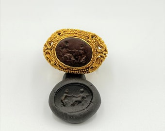 Old Ancient Roman Greek Gold Jewelry Ring Agate Stamp Intaglio Seal Antiquities