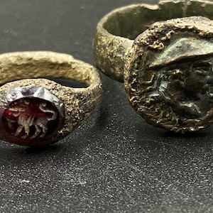 Lot Old Jewelry Ancient Indo Greek&#39;s Civilization Bronze Ring Silver Seal Garnet