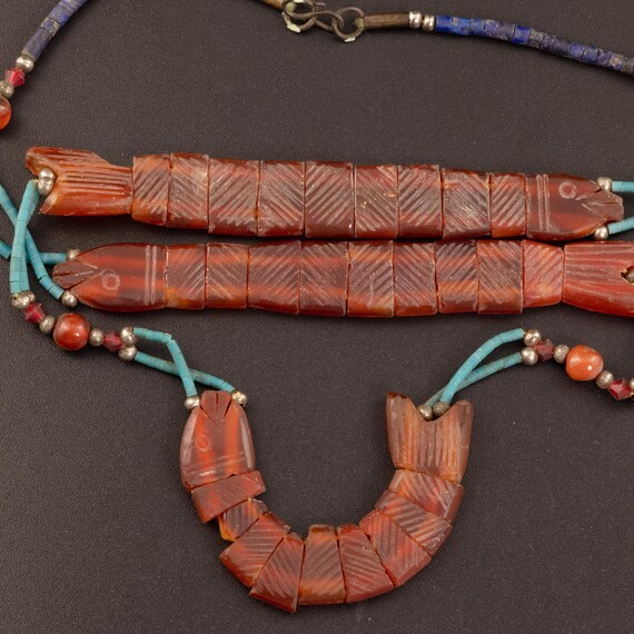 ヴィンテージ彫刻カーネリアン魚モチーフビーズネックレス、ターコイズ