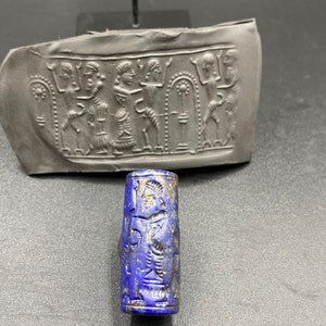Old Intaglio Cylinder Seal Stamp Engraved Lapis Bead Ancient Achaemenid Babylon