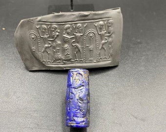 Old Intaglio Cylinder Seal Stamp Engraved Lapis Bead Ancient Achaemenid Babylon