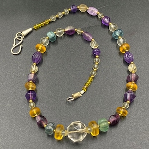 Unique Authentic Crystal Amethyst Fluorite Glass Gems Quality Old Beads Necklace