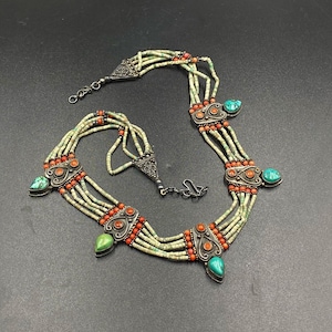 Vintage Himalaya Nepalese handgemaakte zilveren turkoois koraal kralen ketting
