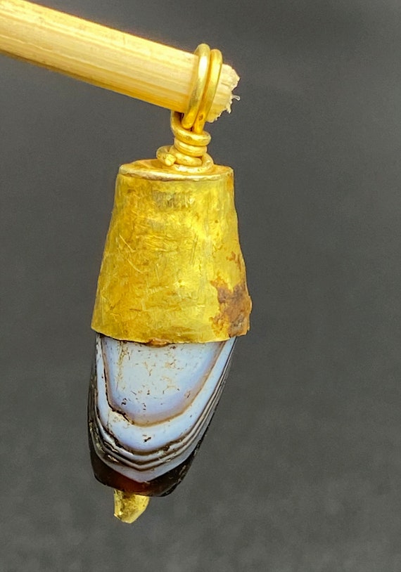 Gold Folded Agate Ancient Jewelry Amulet Bead Nec… - image 3