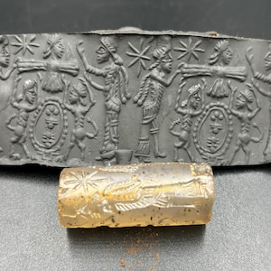 Ancient Near Eastern Cylinder Seal Engraved Figures Old Agate Stamp Seal