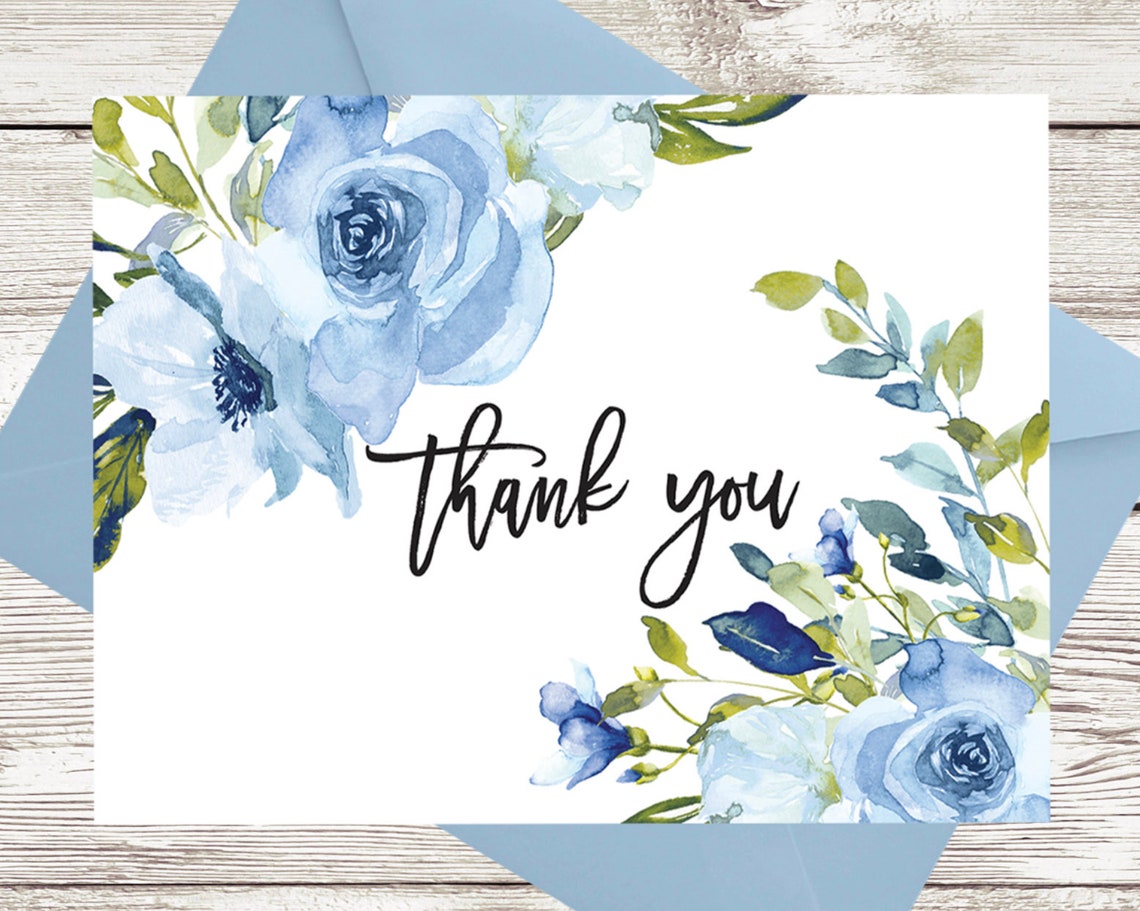 Thank You Stationery Card Set Floral Flower Blue Green Elegant Etsy