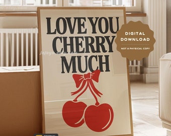 Cute Cherry Wall Art Print, Retro Kitchen Poster, Cherries Coquette Art Decor Gift, Modern Trendy Fruit Bow Decoration for Dorm Bedroom