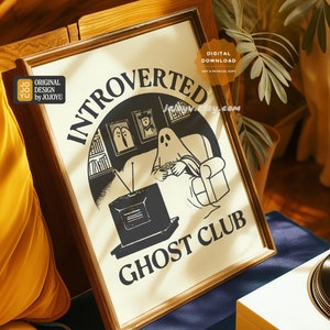 Stampa artistica da parete "Introverted Ghost Club", poster retrò di Halloween per casalinghe, stampa artistica divertente e spaventosa, decorazione per feste di Halloween a tema fantasma.