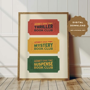 Thriller Mystery Suspense Book Club Wandkunst, Retro-Poster zum Bücherlieben, Buchliebhaber Kunstdruck für Leseraum Schlafzimmer
