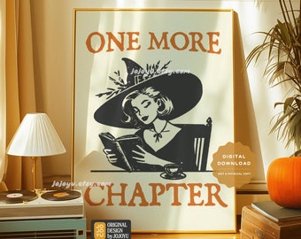 Witchy herfst leesgrage retro kunst aan de muur voor thuisbibliotheek, nog één hoofdstuk poster decor, griezelige horror boek gezellige lezers club herfst-Halloween