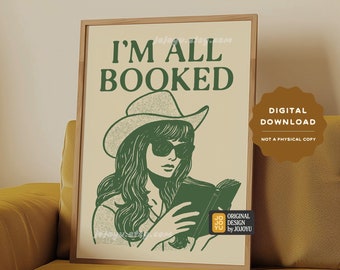I'm All Booked Retro Wall Art Print, Cowgirl Reader Bookish Poster, Western Romance Mystery Thriller Roman Fiction Buch-Liebhaber-Dekorationsgeschenk