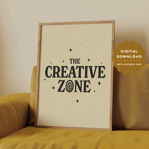 May include: A digital download print with a beige background and a black graphic that says "THE CREATIVE ZONE" with stars and a swirl design.
