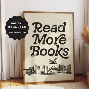 Read More Books wall art print, bookish DIGITAL DOWNLOAD, bookshelf home library living room wall art retro style bookworm decor printable
