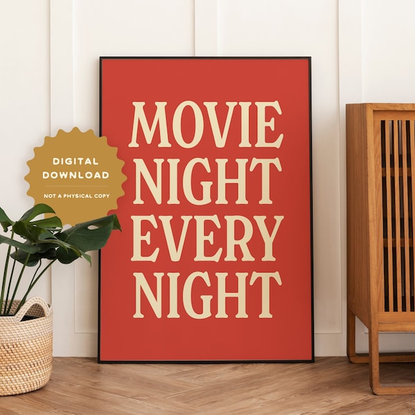 Movie Night Every Night art print, digital download, retro wall art vintage style decor printable movie lovers, movie buff