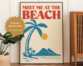 BEACH Retro Summer Wall Art, Beachy Sunny Vibe Print, Tropical Island Ocean Coastal Poster, Beach House Nautical Blue Decor for Dorm Bedroom