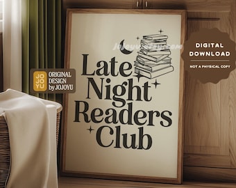 Late Night Readers Club Wand Kunst Druck, Bücherwurm Poster, Romanze Leser Mystery Thriller Novel Fiction Geschenk, Buchliebhaber Worm Nook Decor