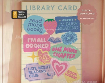 Cute Retro Pastel Stickers Library Card Wall Art Print, Bookish Poster, Romance Readers Novel Fiction Gift, Book Lover Dorm Room Decor