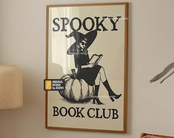 Arte de pared retro de club de lectura espeluznante para biblioteca en casa, decoración de póster de lector brujo, libro de terror de brujas de Halloween de otoño, club de lectores acogedor, temporada de otoño
