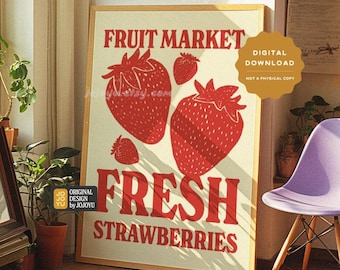 Mercato della frutta, fragole fresche, stampa artistica da parete, poster retrò di frutta a guscio, fragole carine, estetica, decorazione per la casa, regalo per lei