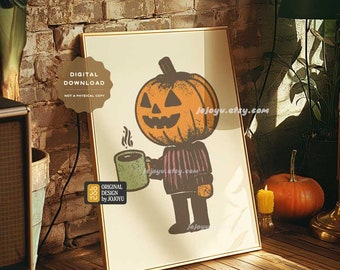 Impresión artística de pared con café de calabaza, póster retro espeluznante y divertido de Halloween, impresión artística de otoño, bebida retro otoñal, decoración para cafetería o cafetería.