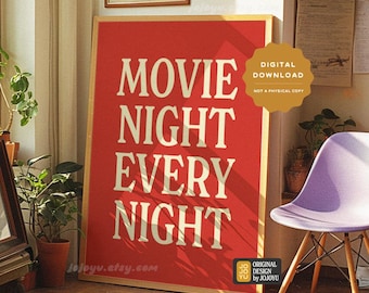 Movie Night Every Night Kunstdruck, digitaler Download, Retro-Wand-Kunst Vintage-Stil Dekor druckbare Filmliebhaber, Filmfan