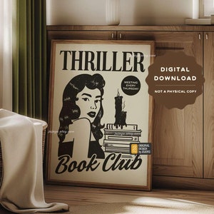 Thriller Book Club wall art, bookish wall poster, thriller book lover wall art, retro style mystery novel poster, suspense decor print image 1