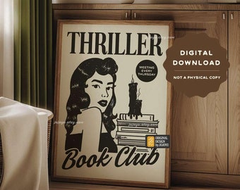 Thriller Book Club wall art, bookish wall poster, thriller book lover wall art, retro style mystery novel poster, suspense decor print