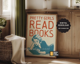 Pretty Girls Read Books Retro Wall Art for Home Library Bookish
