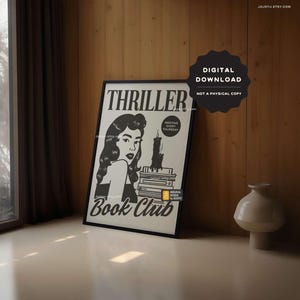 Thriller Book Club wall art, bookish wall poster, thriller book lover wall art, retro style mystery novel poster, suspense decor print image 6