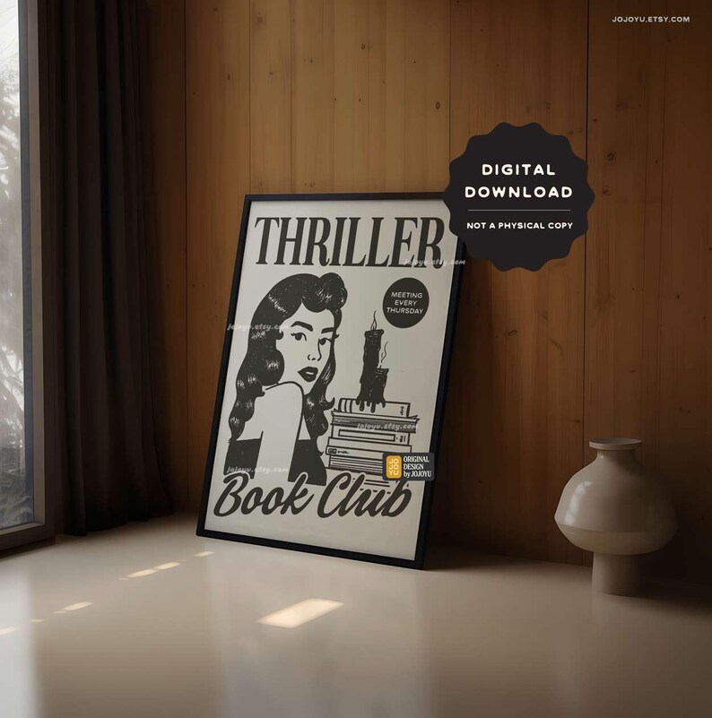 Thriller Book Club wall art, bookish wall poster, thriller book lover wall art, retro style mystery novel poster, suspense decor print image 6