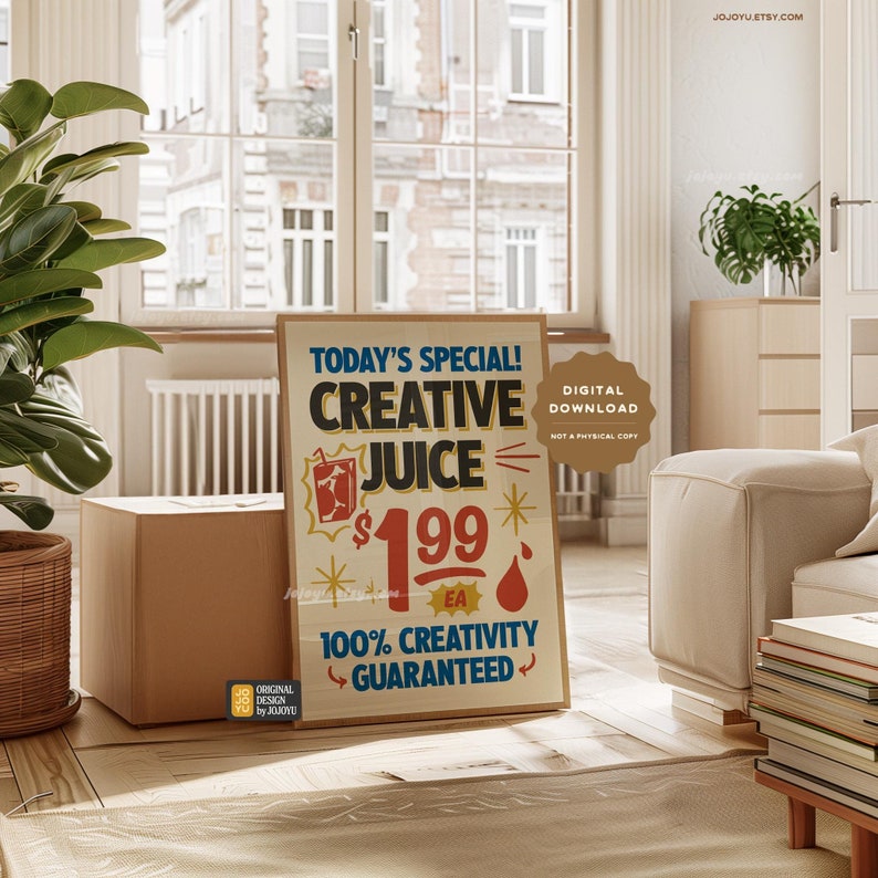 Op de afbeelding: Een vintage-stijl poster die "Creatieve Sap" adverteert voor &euro; 1,99. De poster heeft een rood, wit en blauw kleurenschema met een cartoonillustratie van een glas sap. De tekst "100% Creativiteit gegarandeerd" staat in een vetgedrukt lettertype.