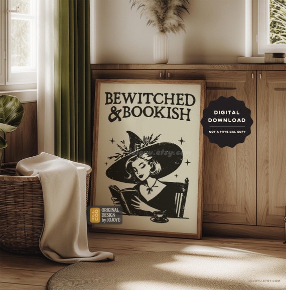 Bewitched Bookish Retro Wall Art for Home Library, Spooky Witchy Reader Poster Decor, Fall Halloween Horror Book Cozy Readers Club Autumn
