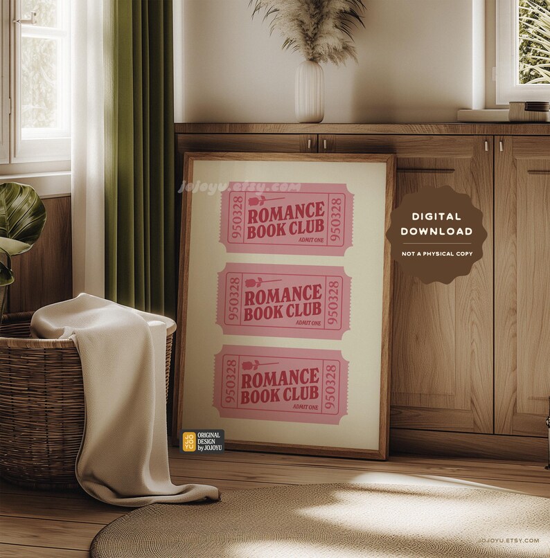May include: A printable digital download of three pink and red tickets with the text "Romance Book Club" on a white background. The text "Digital Download" is in a brown circle on the right side of the image.