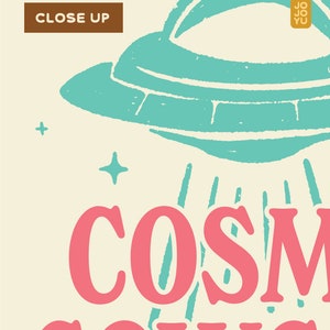 May include: A retro-style illustration of a flying saucer with a pink text overlay that reads "COSMIC COW" and a small gold square with the text "JOJO YU" in the top right corner.