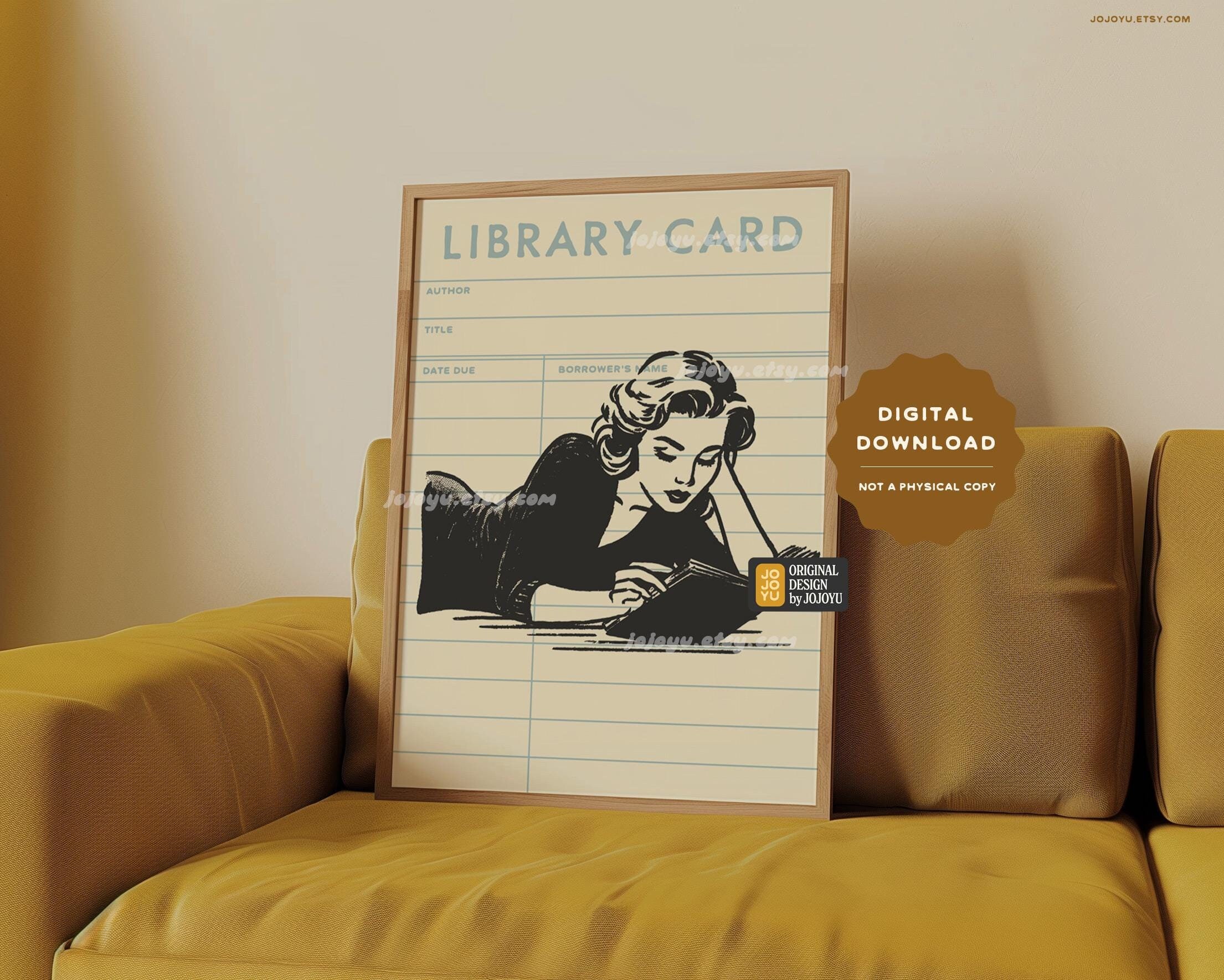 Library Card Woman Reading Retro Wall Art for Book Lovers Library Poster Decor for Fiction Readers Club Gift Cozy Corner Art Print Dorm Home
