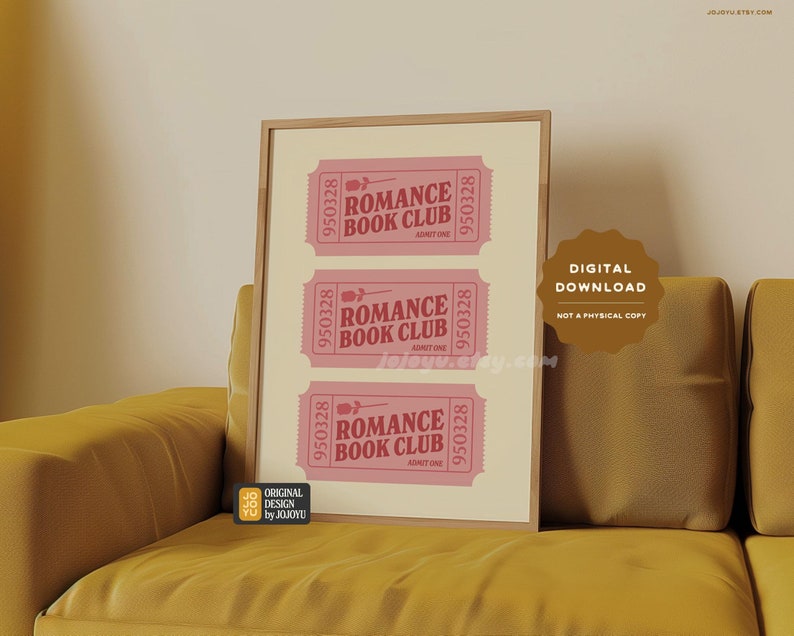 May include: A digital download of a printable art print featuring three pink tickets with the text "Romance Book Club" in a brown frame. The tickets have a rose design and the numbers 950328.