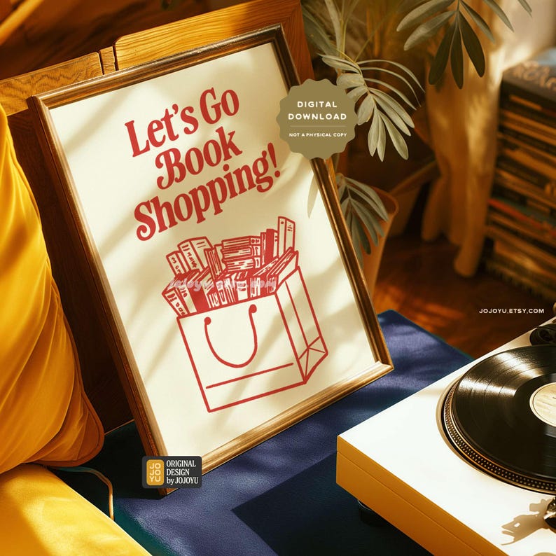 May include: A printable digital download of a retro-style illustration featuring a red shopping bag filled with books and the text "Let's Go Book Shopping!"