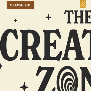 May include: Black and white text on a beige background that reads "THE CREATIVE ZONE" with a black and white spiral design in the middle of the text. There are small black stars scattered around the text.