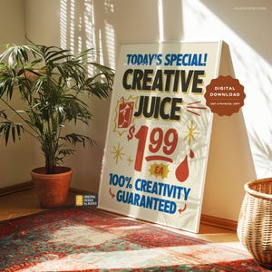 Op de afbeelding: Een wit bord met een rood, geel en blauw ontwerp dat "Creatieve Sap" voor &euro; 1,99 per stuk adverteert. Het bord zegt "100% Creativiteit Gegarandeerd" en bevat een melding over digitaal downloaden.