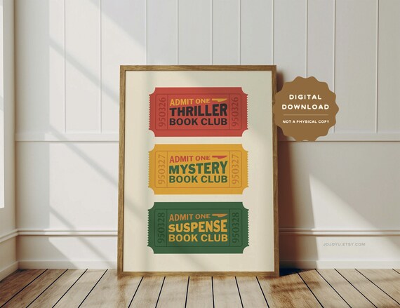 Thriller Mystery Suspense Book Club wall art, retro ticket bookish wall poster, book lovers printable art print for reading room bedroom