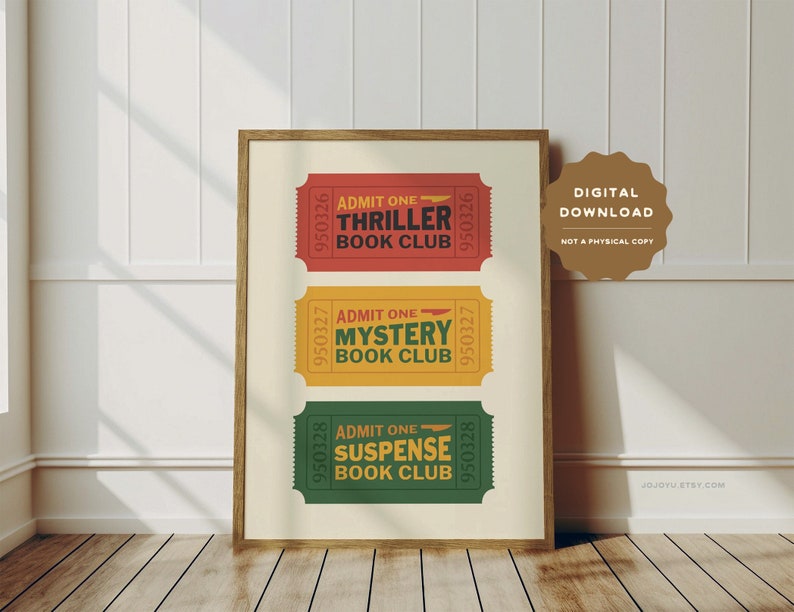 Thriller Mystery Suspense Book Club wall art, retro ticket bookish wall poster, book lovers printable art print for reading room bedroom image 1