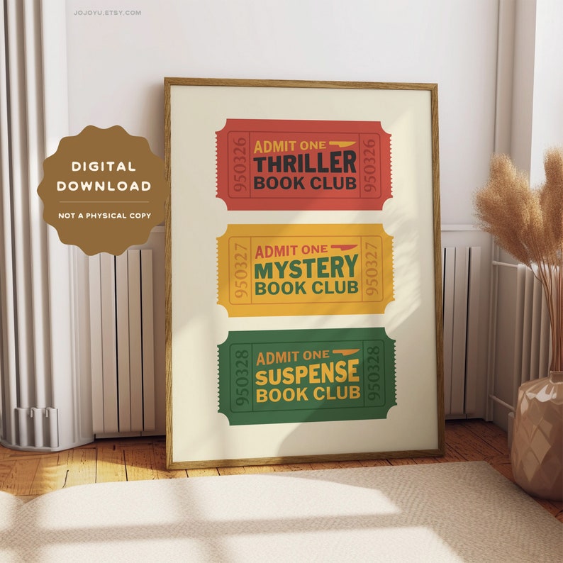 Thriller Mystery Suspense Book Club wall art, retro ticket bookish wall poster, book lovers printable art print for reading room bedroom image 8