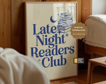 Late Night Readers Club Blue Wall Art Print, Bookish Poster, Romance Readers Mystery Thriller Novel Fiction Gift, Book Lover Worm Nook Decor