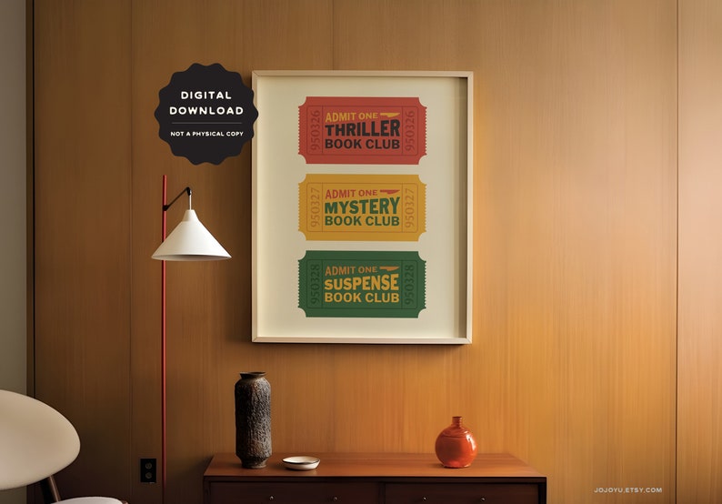 Thriller Mystery Suspense Book Club wall art, retro ticket bookish wall poster, book lovers printable art print for reading room bedroom image 7
