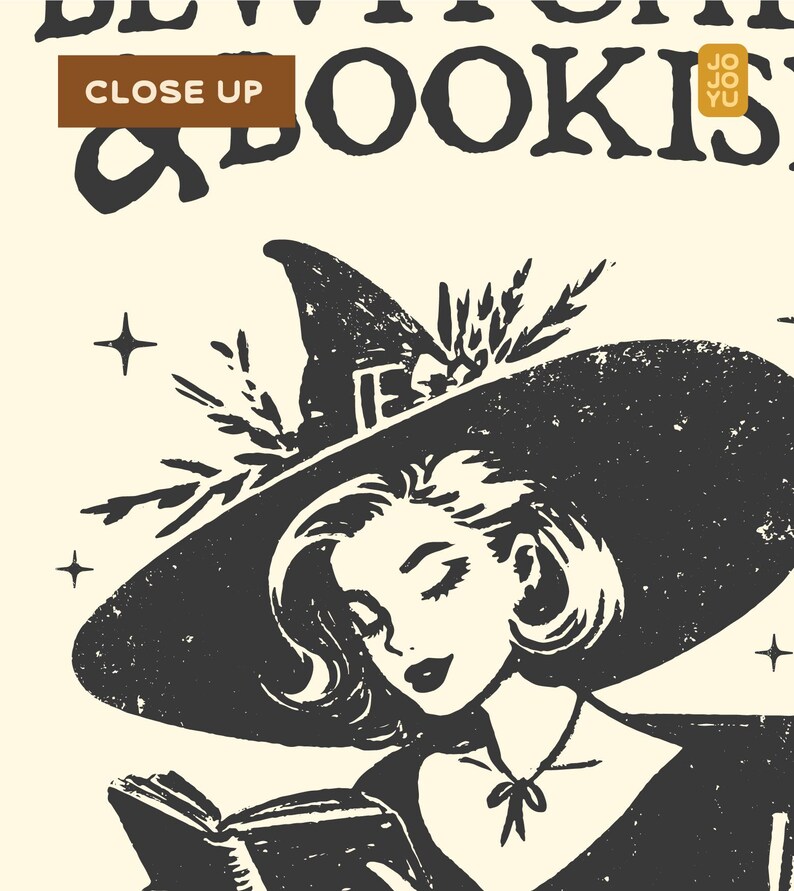 Puede incluir: Ilustraci&oacute;n en blanco y negro de una bruja con un sombrero puntiagudo leyendo un libro. El texto "DEVIL & BOOKS" est&aacute; en la parte superior de la imagen.