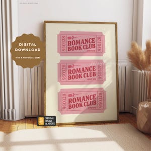 May include: A printable digital download of three pink and red tickets with the text "Romance Book Club" and "Admit One".