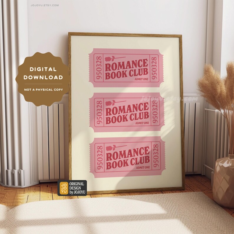 May include: A printable digital download of three pink and red tickets with the text "Romance Book Club" and "Admit One".